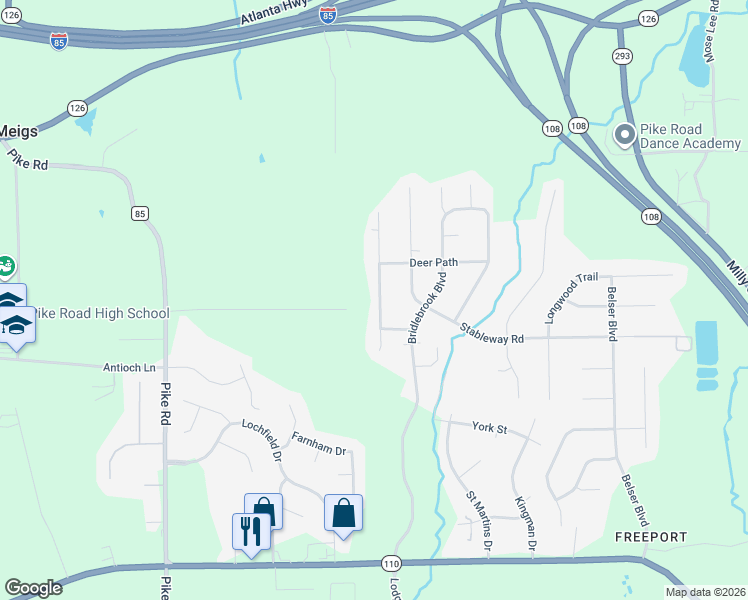 map of restaurants, bars, coffee shops, grocery stores, and more near 455 Saddlewood Drive in Pike Road