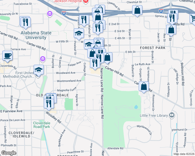 map of restaurants, bars, coffee shops, grocery stores, and more near 2200 Narrow Lane Road in Montgomery