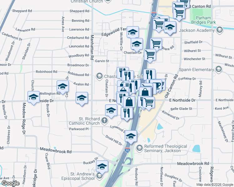 map of restaurants, bars, coffee shops, grocery stores, and more near 20 North Hill Parkway in Jackson