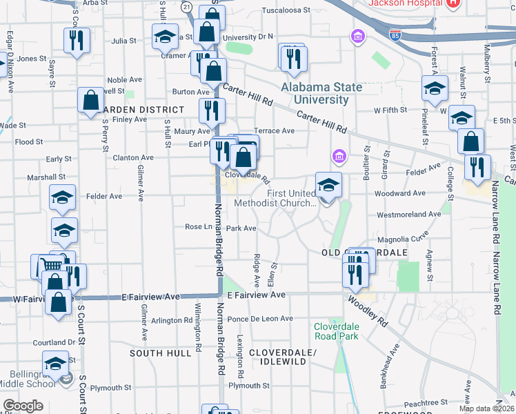 map of restaurants, bars, coffee shops, grocery stores, and more near 1832 Ridge Avenue in Montgomery