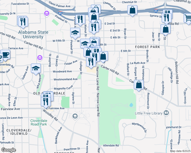 map of restaurants, bars, coffee shops, grocery stores, and more near 2200 Narrow Lane Road in Montgomery