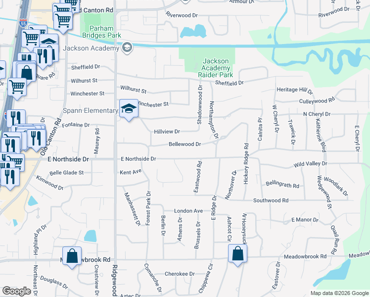 map of restaurants, bars, coffee shops, grocery stores, and more near 1823 Bellewood Rd in Jackson