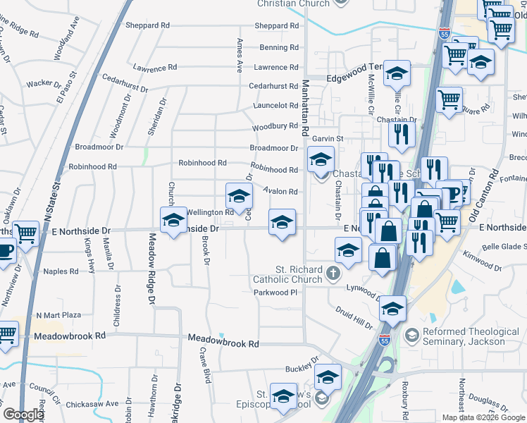 map of restaurants, bars, coffee shops, grocery stores, and more near 4628 Estelle Drive in Jackson