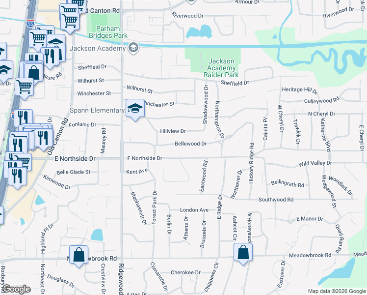 map of restaurants, bars, coffee shops, grocery stores, and more near 1823 Bellewood Drive in Jackson