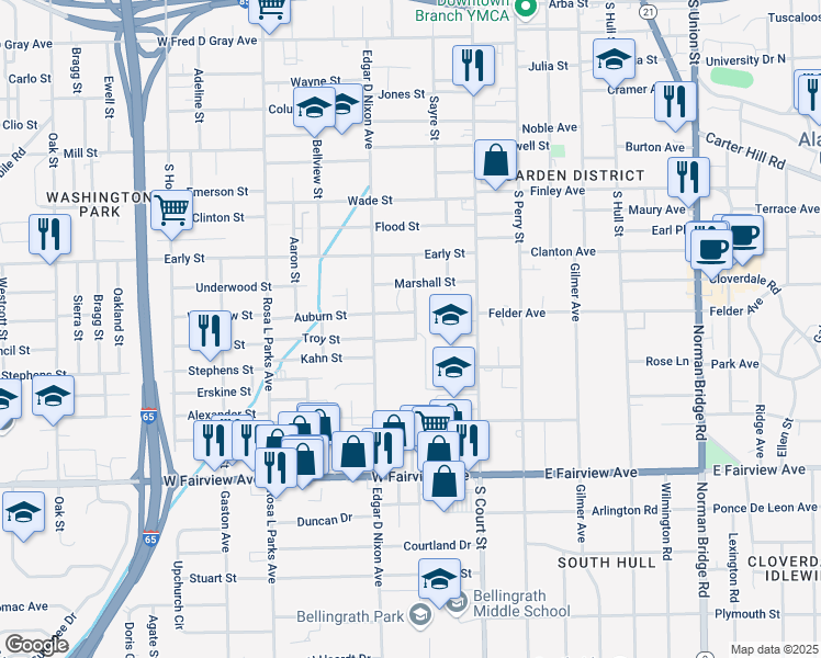 map of restaurants, bars, coffee shops, grocery stores, and more near 1720 Billings Street in Montgomery