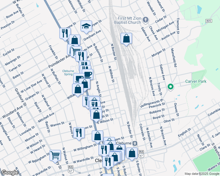 map of restaurants, bars, coffee shops, grocery stores, and more near 722 North Robinson Street in Cleburne