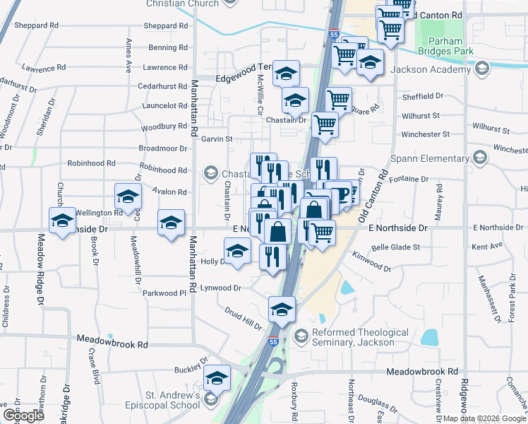 map of restaurants, bars, coffee shops, grocery stores, and more near 4637 McWillie Drive in Jackson