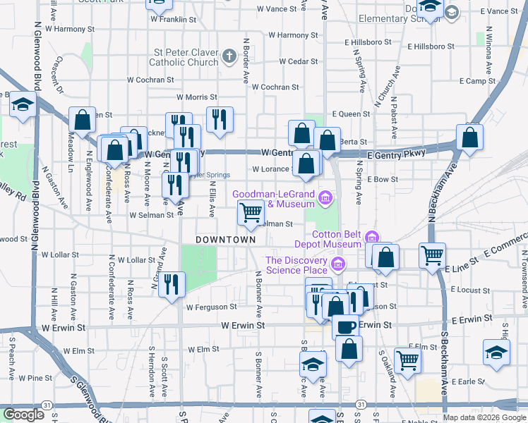 map of restaurants, bars, coffee shops, grocery stores, and more near 615 North Della Avenue in Tyler