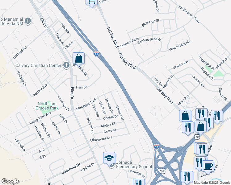 map of restaurants, bars, coffee shops, grocery stores, and more near 4174 Seneca Dr in Las Cruces