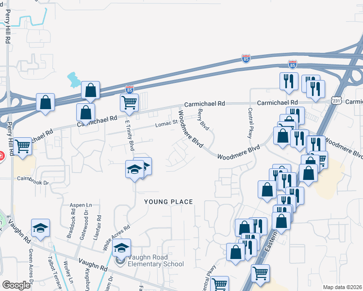 map of restaurants, bars, coffee shops, grocery stores, and more near 4706 Mitford Circle in Montgomery