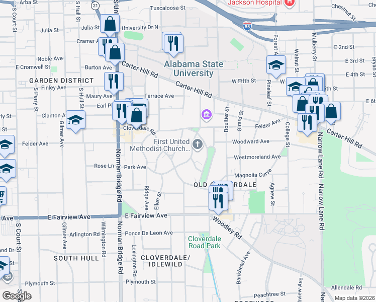 map of restaurants, bars, coffee shops, grocery stores, and more near 917 Park Avenue in Montgomery