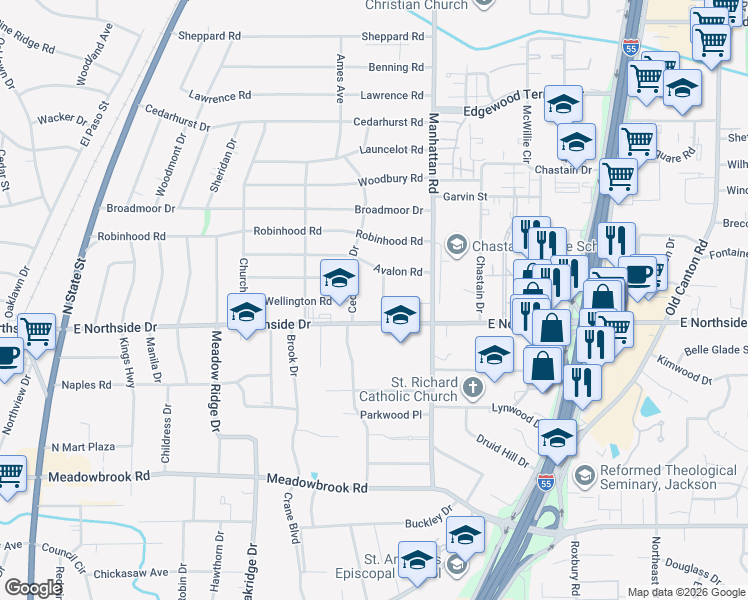 map of restaurants, bars, coffee shops, grocery stores, and more near 4628 Estelle Drive in Jackson