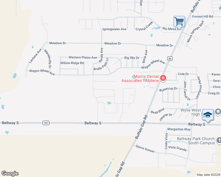 map of restaurants, bars, coffee shops, grocery stores, and more near 5197 Wagon Wheel Avenue in Abilene