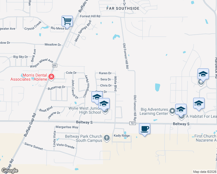 map of restaurants, bars, coffee shops, grocery stores, and more near 4001 Chris Drive in Abilene