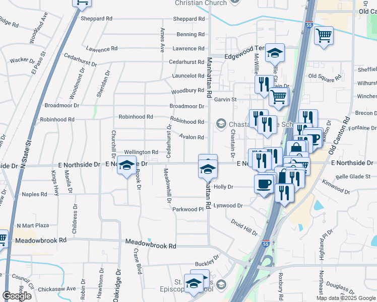 map of restaurants, bars, coffee shops, grocery stores, and more near 4628 Estelle Drive in Jackson