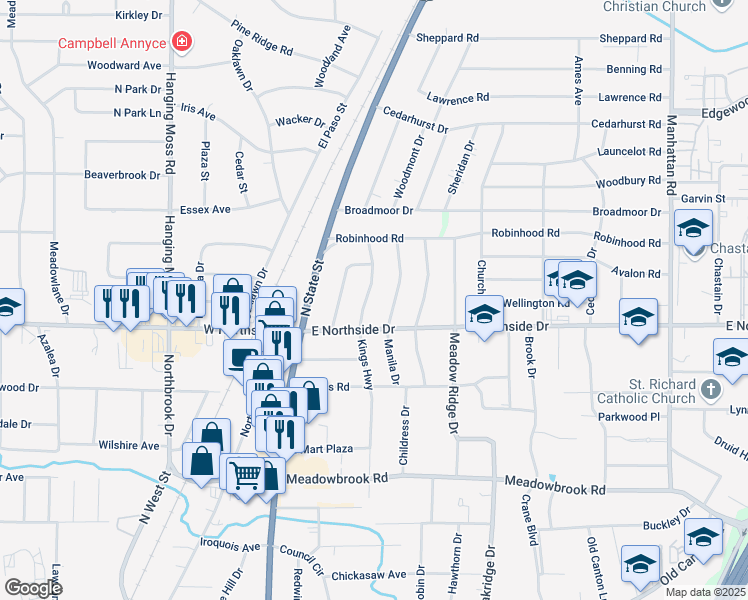 map of restaurants, bars, coffee shops, grocery stores, and more near 4736 Kings Highway in Jackson