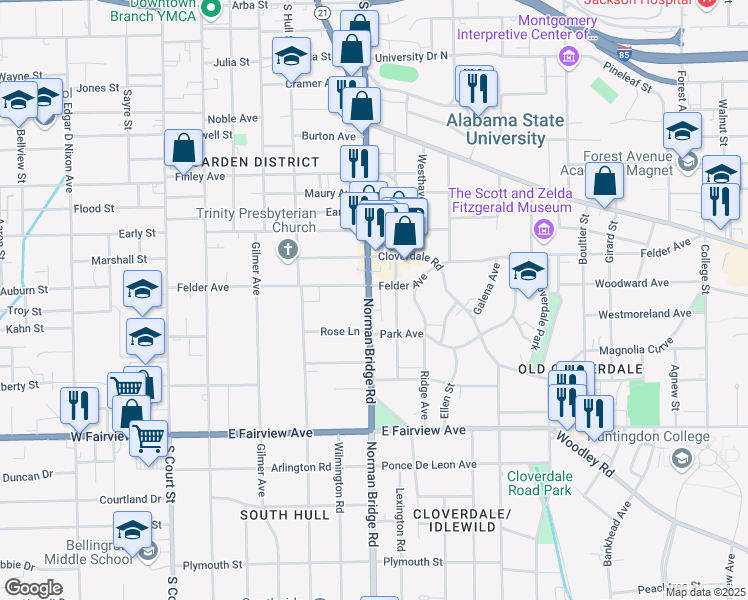 map of restaurants, bars, coffee shops, grocery stores, and more near 1821 Norman Bridge Road in Montgomery
