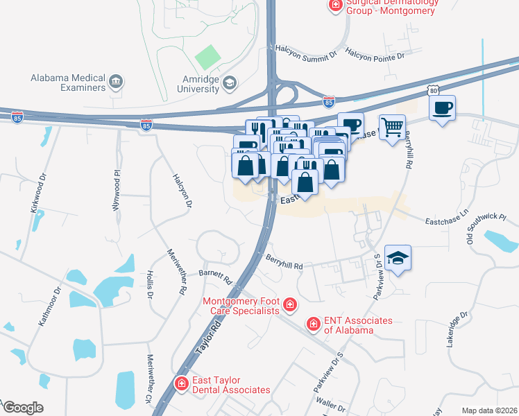 map of restaurants, bars, coffee shops, grocery stores, and more near 7701 Witherspoon Place in Montgomery