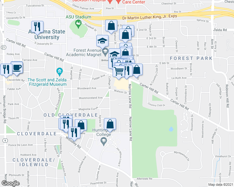 map of restaurants, bars, coffee shops, grocery stores, and more near 1436 Watson Street in Montgomery