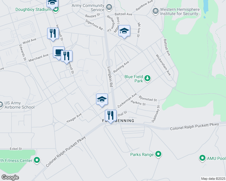 map of restaurants, bars, coffee shops, grocery stores, and more near 99 Yeager Avenue in Fort Benning