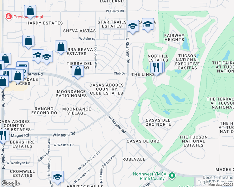 map of restaurants, bars, coffee shops, grocery stores, and more near 8309 North Shannon Road in Tucson