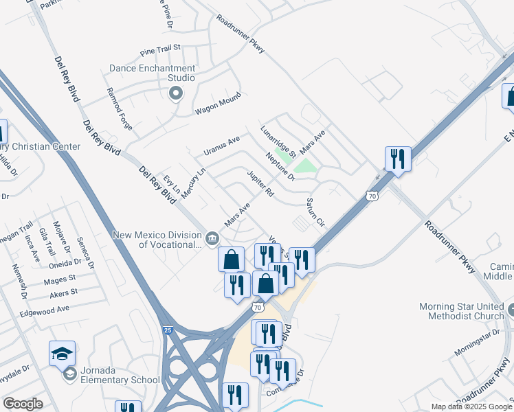 map of restaurants, bars, coffee shops, grocery stores, and more near 2200 Mars Avenue in Las Cruces