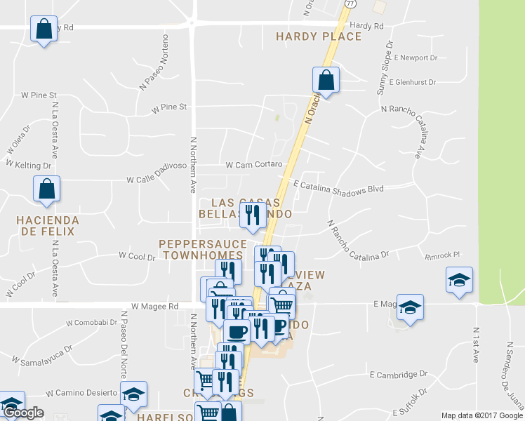 map of restaurants, bars, coffee shops, grocery stores, and more near 8255 North Oracle Road in Tucson