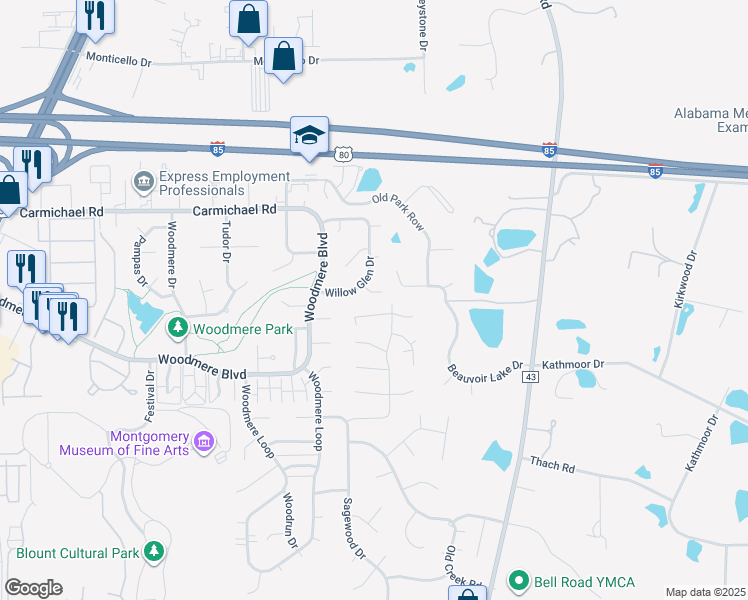 map of restaurants, bars, coffee shops, grocery stores, and more near 6221 John Dunn Court West in Montgomery