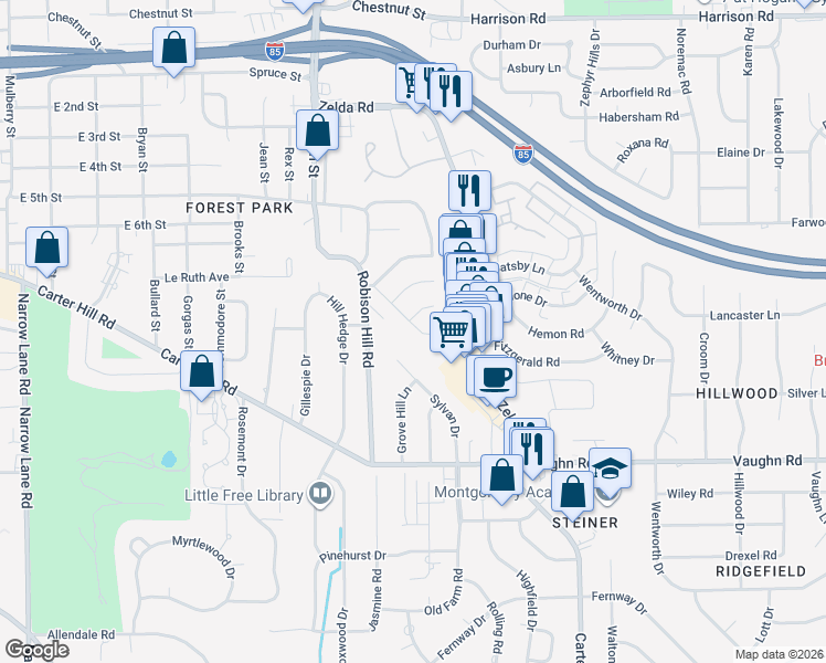map of restaurants, bars, coffee shops, grocery stores, and more near 1902 Pinecrest Drive in Montgomery