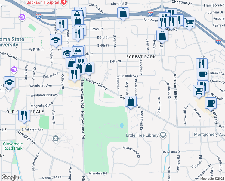 map of restaurants, bars, coffee shops, grocery stores, and more near 2264 Carter Hill Road in Montgomery