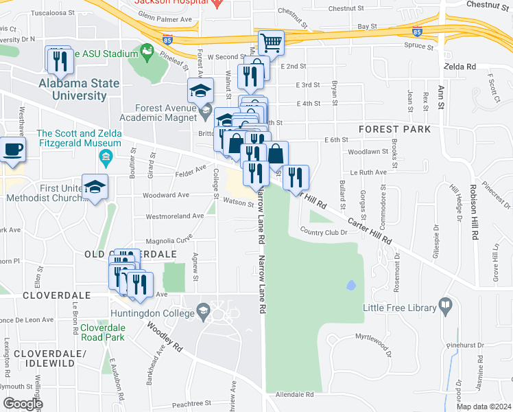 map of restaurants, bars, coffee shops, grocery stores, and more near 2200 Narrow Lane Road in Montgomery
