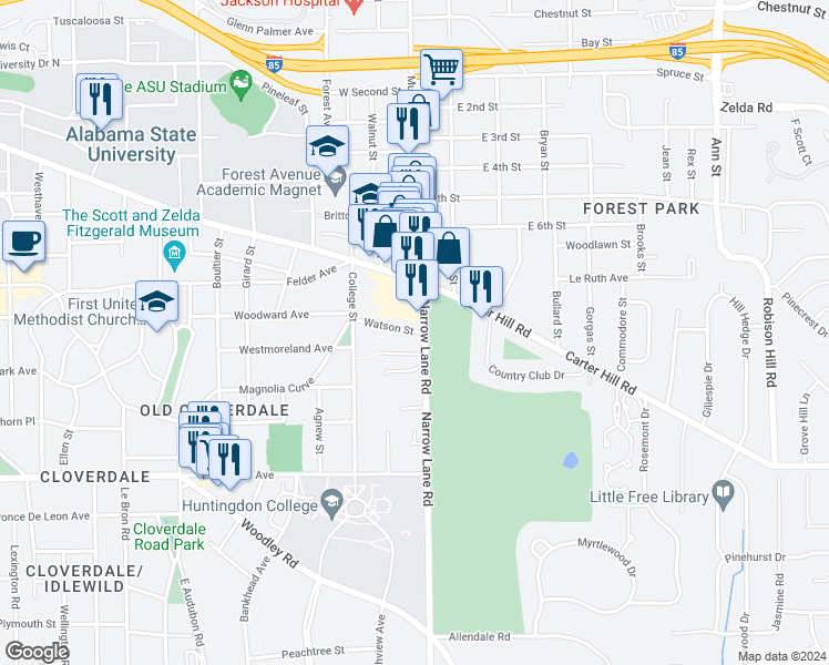 map of restaurants, bars, coffee shops, grocery stores, and more near 2200 Narrow Lane Road in Montgomery