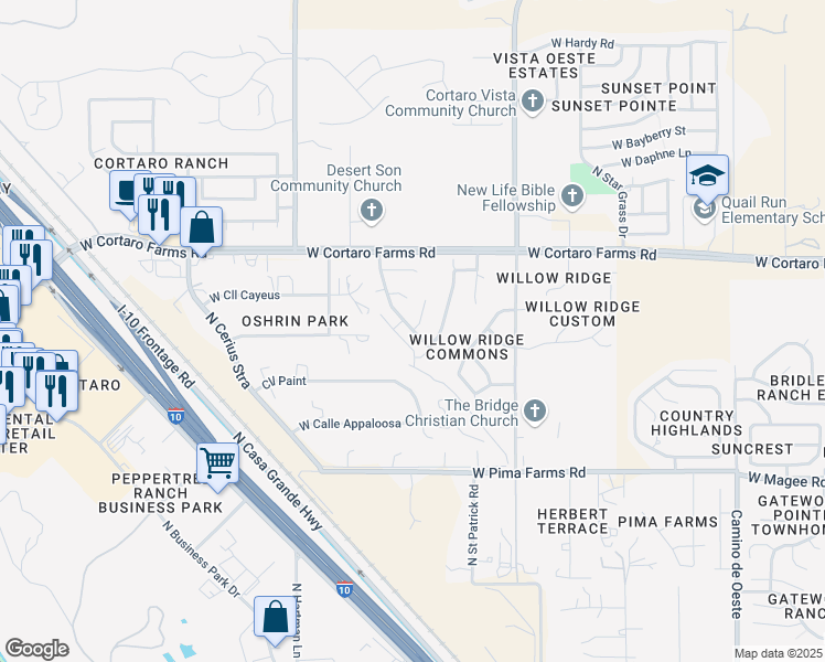 map of restaurants, bars, coffee shops, grocery stores, and more near 8249 North Willow View Drive in Tucson