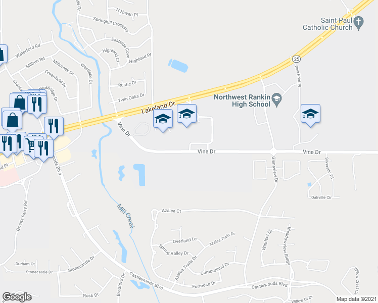 map of restaurants, bars, coffee shops, grocery stores, and more near 372 Vine Drive in Flowood