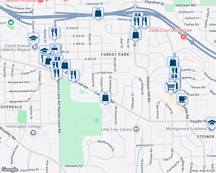 map of restaurants, bars, coffee shops, grocery stores, and more near 2038 Commodore Street in Montgomery