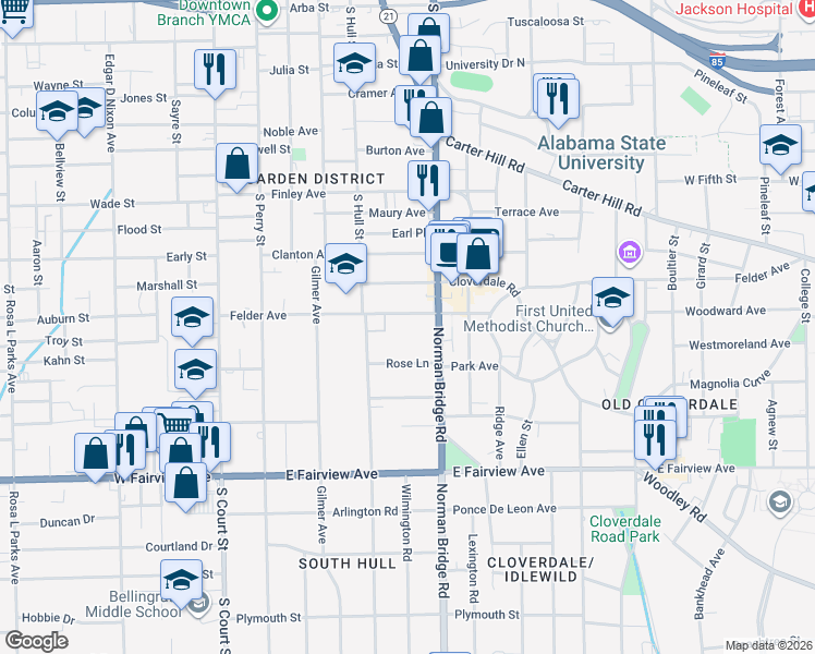 map of restaurants, bars, coffee shops, grocery stores, and more near 364 Felder Avenue in Montgomery