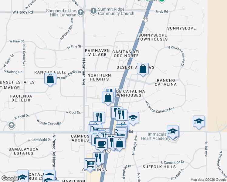 map of restaurants, bars, coffee shops, grocery stores, and more near 8255 North Oracle Road in Tucson