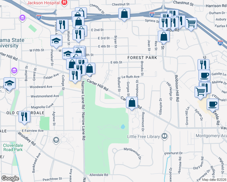 map of restaurants, bars, coffee shops, grocery stores, and more near 2264 Carter Hill Road in Montgomery