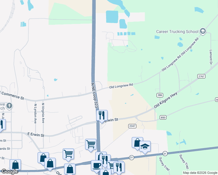 map of restaurants, bars, coffee shops, grocery stores, and more near County Road 384 in Tyler