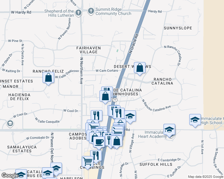 map of restaurants, bars, coffee shops, grocery stores, and more near 8255 North Oracle Road in Tucson