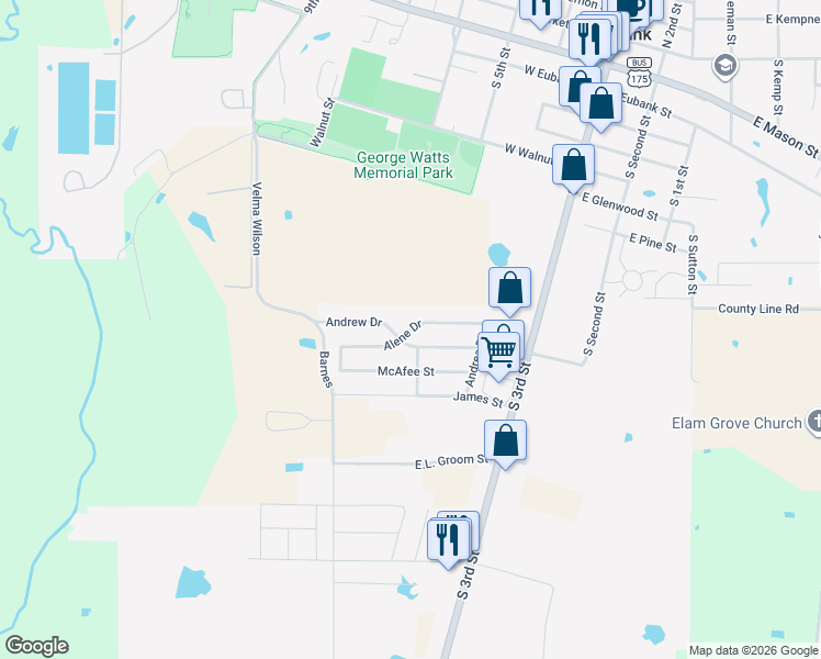 map of restaurants, bars, coffee shops, grocery stores, and more near 312 Alene Drive in Mabank