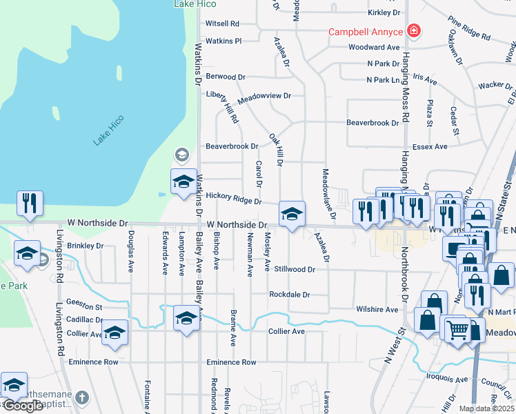 map of restaurants, bars, coffee shops, grocery stores, and more near 607 Hickory Ridge Drive in Jackson