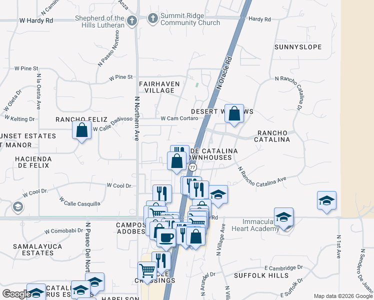 map of restaurants, bars, coffee shops, grocery stores, and more near 8255 North Oracle Road in Tucson