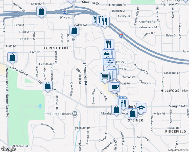 map of restaurants, bars, coffee shops, grocery stores, and more near 1902 Pinecrest Drive in Montgomery