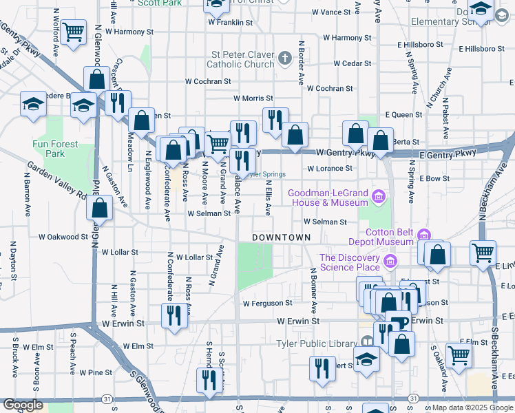map of restaurants, bars, coffee shops, grocery stores, and more near 611 North Ellis Avenue in Tyler