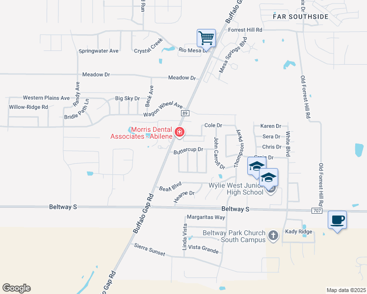 map of restaurants, bars, coffee shops, grocery stores, and more near 1 Verbena Street in Abilene
