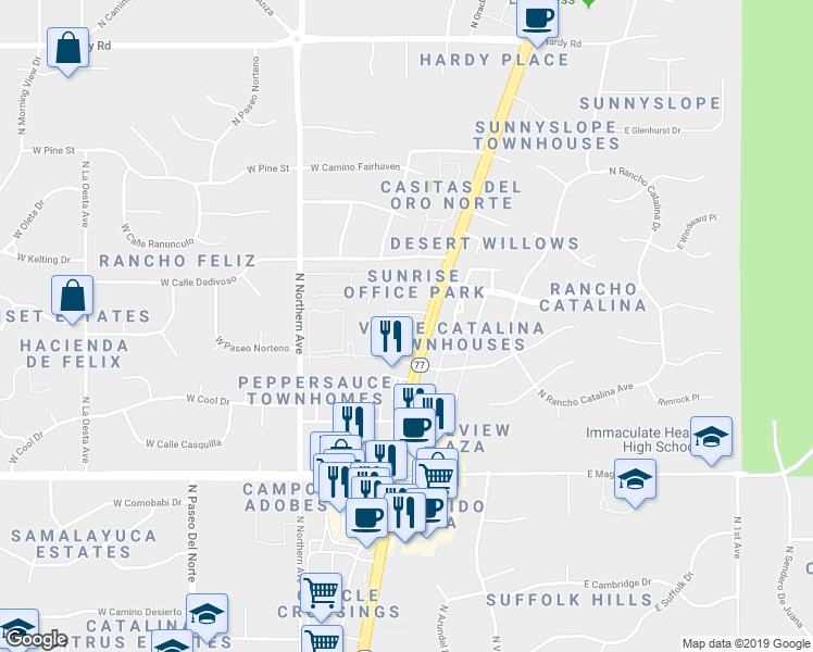 map of restaurants, bars, coffee shops, grocery stores, and more near 8255 North Oracle Road in Tucson