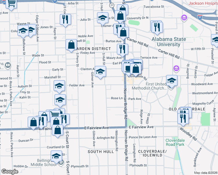 map of restaurants, bars, coffee shops, grocery stores, and more near 1813 South Hull Street in Montgomery