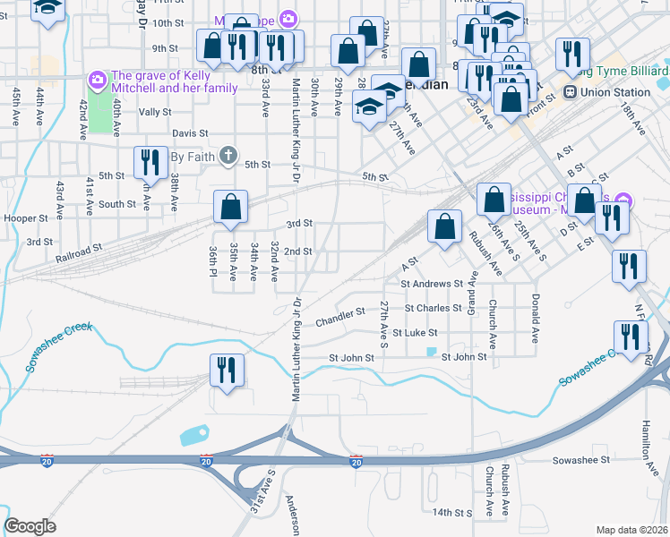 map of restaurants, bars, coffee shops, grocery stores, and more near 1000 1st Street in Meridian
