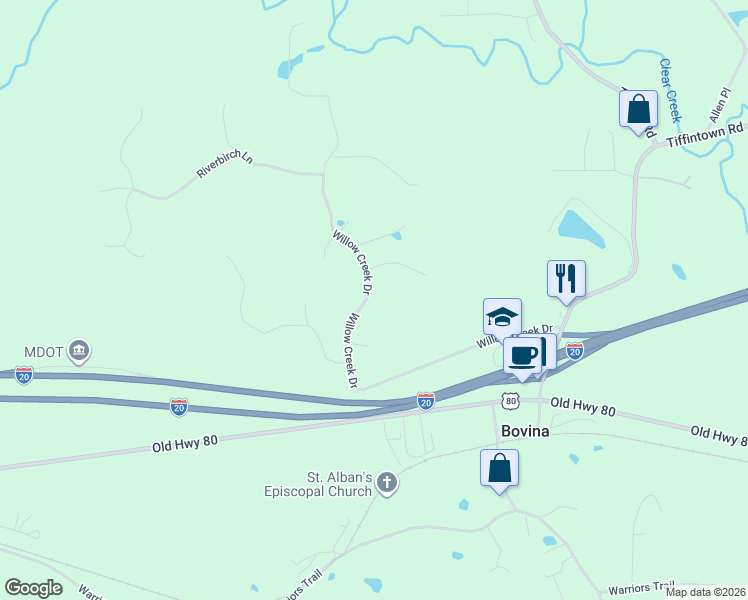 map of restaurants, bars, coffee shops, grocery stores, and more near 114 Willow Creek Drive in Vicksburg